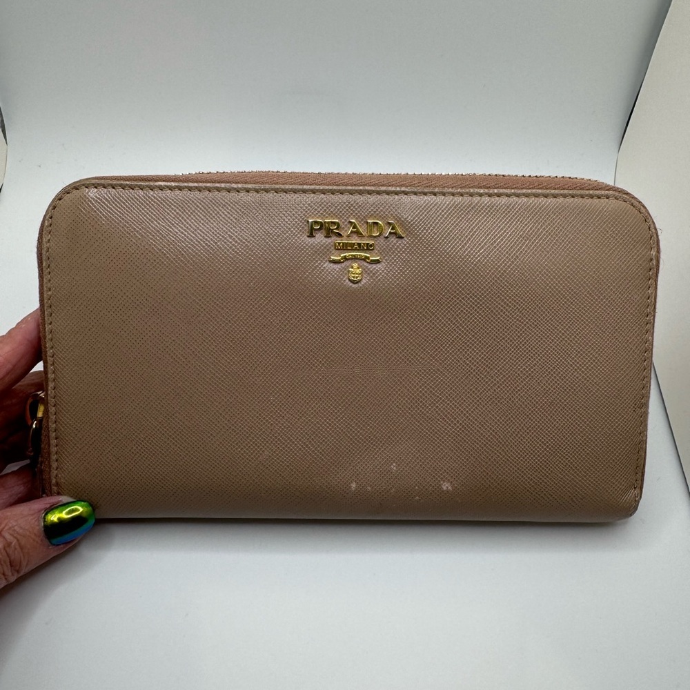 Prada - authentic Saffiano leather taupe zip around wallet - GUC